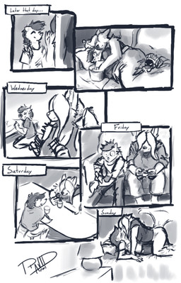 anthro clothed clothing cuddling duo eating eating_food female feral gaming kiss_on_lips kissing machine male male/female pet_protogen sleeping text ravid_anml ghirr_firewire_mertens_(ravid_anml) nora_seulis_(ravid_anml) tobias_hecaucatl_(ravid_anml) american_opossum canid canine canis mammal marsupial protogen wolf absurd_res comic english_text hi_res