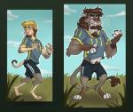 anthro barefoot before_and_after blonde_hair bottomwear brown_hair cargo_pants claws clothed clothing feet fur grass hair human_to_anthro male muscular outside pants plant shirt solo species_transformation standing surprise topwear transformation silverclaw1 felid human lion mammal pantherine 2016