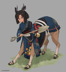 asian_clothing black_hair blue_clothing blue_kimono clothed clothed_female clothed_taur clothing east_asian_clothing female female_taur hair holding_object holding_shovel holding_tool hooves horizontal_pupils horn japanese_clothing kimono pupils red_eyes short_hair shovel solo standing tools ricebirdmon species_request taur absurd_res hi_res signature