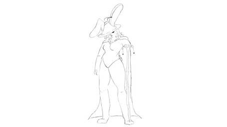 anthro clothing female hair hat headgear headwear holding_object long_hair looking_at_viewer magic_user scut_tail short_tail simple_animation solo staff tail witch_hat lukkylk lagomorph mammal 16:9 animated monochrome no_sound short_playtime video widescreen