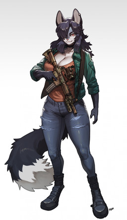 anthro biped bottomwear breasts claws clothed clothed_anthro clothed_female clothing female fingers footwear front_view fully_clothed fully_clothed_anthro fully_clothed_female fur gun hair holding_gun holding_object holding_ranged_weapon holding_weapon looking_at_viewer pants piercing ranged_weapon shoes simple_background smile solo standing tail teeth topwear weapon pgm300 skye_saunders_(spyglass8) canid canine mammal 2026 absurd_res digital_drawing_(artwork) digital_media_(artwork) hi_res