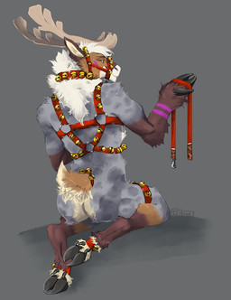 anthro antlers bell bell_harness brown_body brown_fur cloven_hooves fur grey_background grey_body grey_fur harness holding_leash holding_object hooves horn jingle_bell jingle_bell_harness kneeling leash looking_at_viewer looking_back looking_back_at_viewer male male_anthro neck_tuft nude nude_anthro nude_male purple_body purple_fur rear_view simple_background solo tail tan_body tan_fur tuft white_body white_fur i-psilone deer mammal new_world_deer reindeer 2020 hi_res