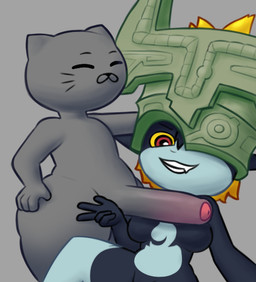 big_butt big_penis breasts butt clothing curvy_figure duo female fur fused_shadow genitals grey_body grey_fur hand_on_hip headgear headwear holding_head huge_penis male male/female penis penis_on_breast penis_tip presenting smile teeth_showing voluptuous wide_hips meowny nintendo the_legend_of_zelda twilight_princess el_cato midna domestic_cat felid feline felis imp mammal
