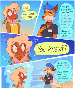 4_panel_comic 5_fingers anthro ascot black_clothing black_shirt black_text black_topwear blue_background blue_eyes blue_hair blush blush_lines bodily_fluids border bottomwear brown_body brown_ears brown_eyes brown_fur brown_nose cheek_tuft clothed clothing clothing_store crossdressing crossdressing_male denim denim_bottomwear denim_clothing detailed_background dialogue dipstick_tail dress duo facial_tuft femboy fingers fluffy fluffy_tail footwear fur gradient_background hair hand_behind_back high_heels inside jeans looking_at_another male markings name_tag open_mouth open_smile orange_body orange_fur pants pink_text polka_dot_dress polka_dots purse red_ascot shirt shoes simple_background smile speech_bubble steam store sweat tail tail_markings tan_hair text topwear tuft v-neck white_border yellow_clothing yellow_dress yellow_sclera heresvix connor_(heresvix) dani_(heresvix) canid canine deer fox mammal 2025 comic english_text hi_res