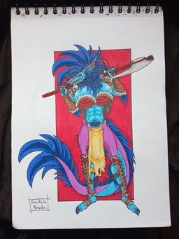 anthro balls big_balls big_breasts breasts clothing covered_breasts front_view genitals gynomorph hairy holding_object holding_weapon intersex muscular muscular_gynomorph muscular_intersex penis simple_background solo tail warrior weapon yoke_pose dracokaito hybrid orc sergal 3:4 full-length_portrait hi_res portrait traditional_media_(artwork)