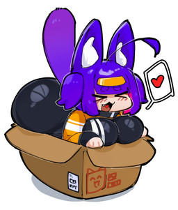 ahoge bangs big_breasts big_butt black_bodysuit black_clothing black_skinsuit bodysuit box breasts butt clothing container eyebrow_through_hair eyebrows eyes_closed female fingerless_gloves glistening glistening_bodysuit glistening_clothing glistening_skinsuit gloves hair handwear heart_in_mouth heart_symbol huge_butt in_box in_container inner_ear_fluff jacket light_body light_skin orange_clothing orange_jacket orange_topwear pigtails pointy_ears purple_hair purple_tail simple_background skinsuit solo tail tight_clothing topwear translucent translucent_hair tuft white_background crr001 cargo_(crr001) animal_humanoid cat_humanoid felid felid_humanoid feline feline_humanoid humanoid mammal mammal_humanoid 2025 absurd_res hi_res