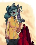 anthro bottomwear breasts cemetery clothing female gun hair handgun pants ponytail ranged_weapon revolver solo sweatshirt weapon panthera_cantus hasbro my_little_pony fan_character equid equine horse mammal pony hi_res