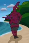 2:3 absurd_res anthro beach big_butt butt carapace female generation_5_pokemon genitals hands_on_hips hi_res hooves jacob_the_mistake-ob looking_at_viewer looking_back nintendo pokemon pokemon_(species) pussy scolipede slightly_chubby solo yellow_eyes