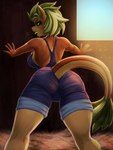 2019 3:4 anthro bodily_fluids butt butt_focus clothed clothing female fingers general-irrelevant green_eyes green_tongue hair hay hi_res inside looking_back non_toxic_(oc) open_mouth rear_view solo sweat tatzlpony tongue