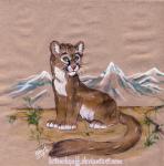 cougar detailed_background felid feline feral fur grass inner_ear_fluff kotenokgaff mammal mountain nature outside plant sitting solo traditional_media_(artwork) tuft