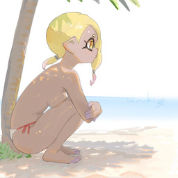 beach bikini bikini_bottom breasts clothed clothing crouching eyebrows feet female humanoid_pointy_ears palm_tree plant pointy_ears pseudo_hair side-tie_bikini solo string_bikini swimwear tentacle_hair tentacles topless tree two-piece_swimsuit yellow_eyes tanukichikushin nintendo splatoon frye_(splatoon) animal_humanoid aquatic cephalopod humanoid inkling mollusk mollusk_humanoid 1:1 2026