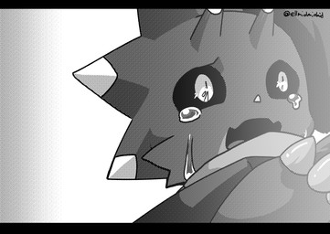anthro black_bars black_body black_sclera bodily_fluids crying horn hug kerchief male simple_background solo tears white_background ellmidmidmid bandai_namco digimon hiro_amanokawa teara digimon_(species) gammamon human mammal scalie hi_res letterbox monochrome
