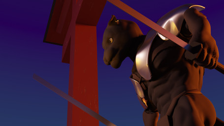 abs anthro armor armwear biceps big_muscles black_body black_nipples brown_clothing brown_gloves brown_handwear clothed clothing dual_wielding ear_piercing fur gloves handwear holding_object holding_weapon looking_forward male manly melanistic melee_weapon muscular muscular_anthro muscular_male nipples pecs piercing sky solo sword thong underwear weapon mindorbody felid mammal pantherine 16:9 3d_(artwork) digital_media_(artwork) hi_res widescreen