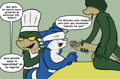 4_fingers anthro blindfold blue_body blue_fur bodily_fluids chef_hat circumcised clothed clothing female fingers fur genital_fluids genitals green_body green_skin group hat headgear headwear humanoid_genitalia humanoid_penis multicolored_body oblivious oral partially_clothed penis saliva saliva_string simple_background smile sweat tail text trio two_tone_body yellow_eyes horny_bunjester bedfellows wilma_(bedfellows) domestic_cat felid feline felis lizard mammal reptile scalie digital_media_(artwork) spanish_text translation_check translation_request