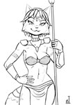 abs anthro armor bedroom_eyes bottomwear bra breasts canid canine choker cleavage clothed clothing female fox hand_on_hip holding_object jewelry krystal_(star_fox) loincloth looking_at_viewer mammal monochrome narrowed_eyes necklace nintendo seductive skimpy smile staff star_fox tattoo underwear zeusinvert