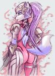 anthro black_nose blue_body blue_eyes blue_fur blue_hair bodysuit butt butt_pose clothing female fur hair long_hair ponytail pose purple_hair skinsuit solo tight_clothing white_body white_fur naaraskettu blizzard_entertainment nintendo overwatch star_fox krystal_(star_fox) kursed_(star_fox) widowmaker_(overwatch) canid canine fox mammal 2016 absurd_res crossover hi_res