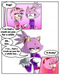 anthro big_eyes blush breast_poke breasts clothed clothing dialogue duo female female/female fur gloves green_eyes hair handwear pink_body pink_fur pink_hair purple_body purple_fur simple_background surprise text toony white_background yellow_eyes sandunky sega sonic_the_hedgehog_(series) amy_rose blaze_the_cat domestic_cat eulipotyphlan felid feline felis hedgehog mammal 4:5 absurd_res comic english_text hi_res