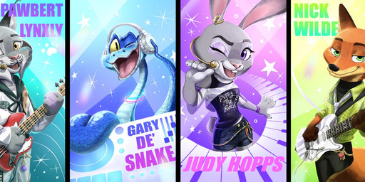 anthro blue_body blue_scales brown_body brown_fur clothed clothing drum drum_set ear_tuft electric_guitar electronics fangs female feral fur green_eyes grey_body grey_fur group guitar headphones keyboard_instrument male musical_instrument musical_keyboard open_mouth open_smile orange_body orange_fur percussion_instrument plucked_string_instrument purple_eyes scales smile string_instrument teeth text tuft whiskers yellow_eyes rayaloverbutler disney zootopia gary_de'snake judy_hopps nibbles_maplestick nick_wilde pawbert_lynxley beaver canid canine felid feline fox lagomorph leporid lynx mammal pit_viper rabbit reptile rodent scalie snake viper 2025 digital_media_(artwork) hi_res