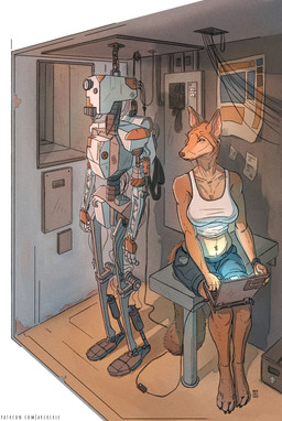 anthro barefoot bottomwear breasts brown_body brown_fur claws clock clothing computer ear_piercing electronics feet female fur inside laptop laptop_on_lap light looking_aside machine midriff navel navel_piercing piercing shirt shorts sitting solo tail tank_top text toe_claws topwear watch whiskers wire wristwatch arcr-cric canid canine canis coyote mammal robot 2025 digital_media_(artwork) hi_res lighting signature url