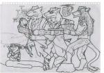 anthro clothed clothing group male sniper tail weapon rlagksdn1943 team_fortress_2 valve medic_(team_fortress_2) spy_(team_fortress_2) bear mammal sergal absurd_res greyscale hi_res line_art monochrome pen_(artwork) traditional_media_(artwork)