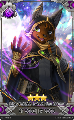 abstract_background anthro black_cape black_clothing black_nose brown_body brown_fur brown_hair cape clothed clothing dagger facial_markings front_view fur gacha_card glistening glistening_eyes green_eyes grey_eyes hair head_markings heterochromia holding_dagger holding_melee_weapon holding_object holding_weapon male markings melee_weapon open_mouth short_hair solo standing text weapon penguinexperience domestic_cat felid feline felis mammal artist_name half-length_portrait portrait