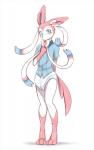 anthro anthrofied big_ears blue_eyes blush clothing craymin diaper eeveelution fur generation_6_pokemon hi_res looking_at_viewer male nintendo paws pink_body pink_fur pokemon pokemon_(species) pokemorph ribbons shy solo standing sylveon watermark white_body white_diaper white_fur