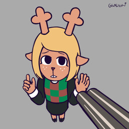 adolescent anthro antlers black_bottomwear black_clothing black_skirt blonde_hair bottomwear buckteeth checkered checkered_clothing checkered_topwear clothed clothing double_barrel_shotgun female female_anthro first_person_view freckled_face freckles fully_clothed gun gunpoint hair hooves horn imminent_death monotone_background offscreen_character pattern_clothing pattern_topwear ranged_weapon red_nose shotgun simple_background skirt solo standing teeth threatening threatening_violence threatening_with_weapon topwear unguligrade weapon young young_anthro columbinya deltarune undertale_(series) noelle_holiday deer mammal new_world_deer reindeer 2026 digital_media_(artwork) english_description hi_res signature