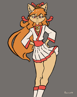 accessory anthro asian_clothing bell bell_collar blinking boots bottomwear bow_ribbon clothed clothing collar dancing ear_tuft east_asian_clothing facial_tuft female flat_chested footwear fur grey_background hair hair_accessory hair_bow hair_ribbon hands_on_hips hip_sway japanese_clothing kimono looking_at_viewer orange_body orange_fur orange_hair ponytail red_clothing red_eyes ribbons sash shoes simple_background skirt solo standing text tuft white_clothing wide_hips snoutless undertale undertale_(series) undertale_yellow ceroba_ketsukane canid canine fox mammal 2025 2d_animation 4:5 absurd_res animated artist_name digital_drawing_(artwork) digital_media_(artwork) frame_by_frame hi_res