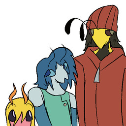 antennae_(anatomy) anthro beanie black_hair blonde_hair blue_hair clothing group hair hat headgear headwear male simple_background size_difference dakuterooty krist may_(dakuterooty) vince_(dakuterooty arthropod dragonfly hymenopteran insect lepidopteran moth wasp 1:1 aliasing digital_media_(artwork) low_res