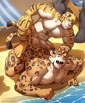 5_fingers 5_toes anthro anthro_on_anthro areola beach biceps bigsub claws countershade_face countershade_fur countershade_neck countershade_torso countershading duo_focus erection fangs feet fingers fur genitals glans group humanoid_genitalia humanoid_penis inner_ear_fluff interspecies leopard_spots male male/male muscular muscular_anthro muscular_male nipples open_mouth pecs penis seaside size_difference small_dom_big_sub smalldom smile spots striped_body striped_fur stripes tail teeth text toes tongue tongue_out trio tuft vein veiny_penis water baiyushou felid leopard mammal pantherine tiger english_text hi_res