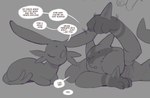 anthro dialogue dot_eyes duo ear_grab feral long_ears lying male one_eye_closed paws talking_to_another text sincastermon nintendo pokemon samu_(sincastermon) telek_(sincastermon) eeveelution espeon generation_2_pokemon generation_4_pokemon lucario pokemon_(species) english_text greyscale monochrome