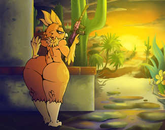 amazing_background anthro anthrofied beak big_butt butt cactus circle_eyebrows desert detailed_background eyebrows feathers feet female fingers flower freckles fur gun holding_gun holding_object holding_ranged_weapon holding_rifle holding_weapon huge_butt looking_at_viewer looking_back looking_back_at_viewer nude open_mouth orange_body orange_feathers outdoor_nudity outside plant pokemorph ranged_weapon rifle sky small_waist solo sunset talons thick_thighs toes tree weapon wide_hips yellow_body yellow_feathers iguanasarecool nintendo pokemon torchy avian bird generation_3_pokemon pokemon_(species) torchic detailed digital_media_(artwork) hi_res male_(lore)