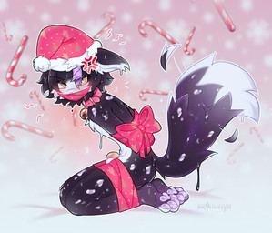4_toes angry anthro arms_tied bdsm bell bell_collar black_body black_fur black_hair blush bondage bound bow_(feature) bow_ribbon candy candy_cane chastity_cage chastity_device christmas_clothing christmas_headwear cloth_gag clothing collar cross-popping_vein dessert dipstick_tail dripping feet femboy fluffy food fur gag gagged genitals gold_(metal) hair hands_behind_back hat headgear headwear holidays kneeling legs_tied looking_at_viewer male male_anthro markings multicolored_body multicolored_fur multicolored_tail nude pawpads paws penis pink_pawpads purple_pawpads ribbons santa_hat simple_background solo submissive submissive_male tail tail_markings tail_motion tailwag tape toes two_tone_body white_body white_fur yellow_eyes keshunya christmas kindle_(kindleclaw) canid canine domestic_cat felid feline felis goo_creature mammal digital_media_(artwork)