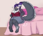 anthro bed blush breath clothed clothing female fluffy fluffy_tail furniture green_eyes hair logo on_bed panting pillow purple_hair sitting sitting_on_bed solo tail unbuttoned_pants bestia-bellator129 izzyhime ribbon_(bowhuskers) canid canine canis mammal wolf artist_logo