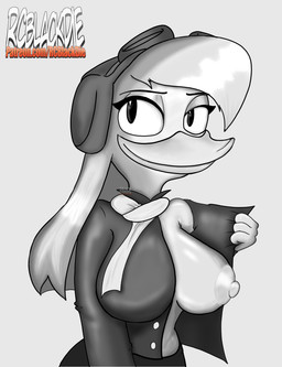 anthro areola bangs beak bedroom_eyes big_breasts breasts clothed clothed_anthro clothed_female clothing exhibitionism eyelashes eyewear female female_anthro flashing flashing_breasts goggles hair hat headgear headwear jacket long_hair looking_at_viewer mature_female narrowed_eyes nipples non-mammal_nipples pose scarf seductive smile smiling_at_viewer solo text three-quarter_view topwear rcblackdie disney ducktales ducktales_(2017) della_duck anatid anseriform avian bird duck absurd_res artist_name digital_drawing_(artwork) digital_media_(artwork) english_text greyscale half-length_portrait hi_res monochrome portrait shaded soft_shading