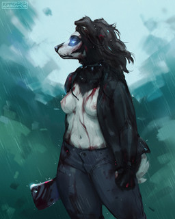 anthro areola black_nose blood blood_on_chest blood_on_clothing bodily_fluids breasts clothed clothing female glowing glowing_eyes markings nipples open_clothing open_shirt open_topwear raining shirt solo thick_thighs topwear whisker_spots whiskers wide_hips lostgoose canid canine canis domestic_dog mammal 2022 4:5 digital_media_(artwork) hi_res