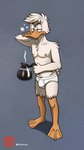 anthro barefoot beak beverage briefs bulge clothed clothing coffee coffee_pot detailed_background feathers feet grey_background half-closed_eyes hand_behind_head male membrane_(anatomy) monotone_briefs monotone_clothing monotone_underwear narrowed_eyes nipples non-mammal_nipples simple_background solo steam stray_hairs tighty_whities tired toes topless underwear webbed_feet white_body white_briefs white_clothing white_feathers white_underwear fudatsu modjo anatid anseriform avian bird duck hi_res