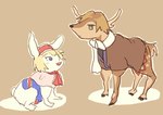 alternate_species blonde_hair blue_eyes bottomless brown_background brown_body brown_fur brown_hair clothed clothing cookie_(touhou) deer duo female feral fur furrification green_eyes hair ichigo_(cookie) joker_(cookie) lagomorph leporid mammal rabbit satetu4401 simple_background white_body white_fur