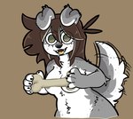 anthro areola bodily_fluids bone breasts brown_hair chest_tuft countershading drooling female fur grey_body grey_fur hair holding_bone holding_object large_pupils nude saliva solo tail tail_motion tailwag tuft tiredfizz bups canid canine canis domestic_dog mammal