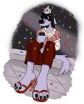 4_toes anthro biped cellphone clothing confetti crown dress electronics feet female footwear hair headgear high_heels long_hair party phone shoes sitting smartphone solo tiara toes freakwithatag shawna_(freakwithatag) canid canine canis mammal wolf 2024 absurd_res hi_res