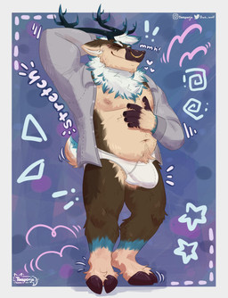 anthro antlers belly belly_rub big_belly blush body_hair bottomwear briefs brown_body brown_hair bulge chest_tuft clothed clothing collared_shirt dress_shirt erection eyes_closed facial_piercing fur hair heart_symbol hooves horn male multicolored_body multicolored_fur navel nipples nose_piercing nose_ring partially_clothed piercing ring_piercing shirt simple_background smile solo stretching tail tighty_whities topwear tuft underwear underwear_stretch white_briefs white_clothing white_underwear taesponja boucirque deer mammal new_world_deer reindeer absurd_res digital_drawing_(artwork) digital_media_(artwork) hi_res shaded
