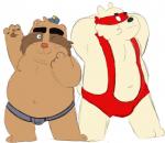 anthro barazoku belly clothing duo genitals hat headgear headwear male moobs navel one_eye_closed overweight overweight_male penis simple_background underwear white_background wink bear-fuckers-anonymous alice_detective_bureau inspector_arai bear mammal procyonid raccoon 2017