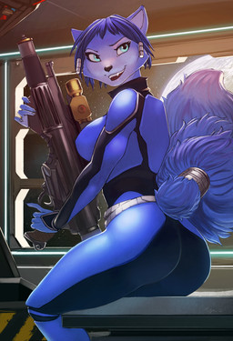 5_fingers accessory anthro black_nose blue_body blue_fur blue_hair bodysuit breasts butt butt_pose clothed clothing fangs female fingers fur furgonomics gun hair holding_gun holding_object holding_ranged_weapon holding_weapon looking_at_viewer open_mouth open_smile pose ranged_weapon side_boob sitting skinsuit smile solo tail tail_accessory tailband teeth tight_clothing weapon woadedfox nintendo star_fox krystal_(star_fox) canid canine fox mammal 2021 absurd_res digital_media_(artwork) hi_res signature