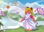 anthro blonde_hair blue_sky clothing cross day dress drill_curls eyes_closed female flower grass hair mountain outside petals pink_body pink_flower pink_skin plant shrub sky sleeveless_dress snow solo standing white_clothing white_dress relampago686 club_penguin avian bird penguin