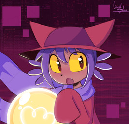 ambiguous_gender anthro biped black_eyes black_nose blue_hair blue_scarf clothed clothing cute_fangs fangs furgonomics hair hat headgear headwear holding_object light_bulb open_mouth red_body red_clothing red_robe robe scarf solo teeth text yellow_sclera young young_ambiguous young_anthro ccruelangel oneshot niko_(oneshot) domestic_cat felid feline felis mammal 2025 english_text hi_res