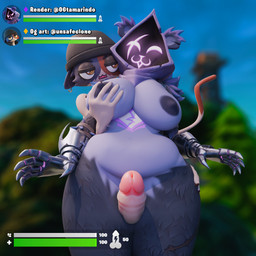 anthro belly big_breasts big_butt breast_grab breasts butt butt_grab cat_tail duo female from_behind_position gameplay_mechanics hand_on_breast hand_on_butt hud intersex intersex/female looking_at_another looking_pleasured outside sex slightly_chubby thigh_sex ogtamarindo shachath3d_(modeler) epic_games fortnite meow_skulls raven_team_leader bear calico_cat domestic_cat felid feline felis mammal 1:1 3d_(artwork) absurd_res digital_media_(artwork) hi_res