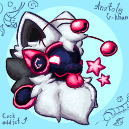 antennae_(anatomy) anthro fluffy fur grey_body grey_fur looking_at_viewer machine male multicolored_body neck_tuft protogen_visor red_tongue simple_background smile snout solo text tongue tuft white_eyes white_tuft anatoly_genghis_khan g-khan protogen 1:1 2026 artist_name colored digital_drawing_(artwork) digital_media_(artwork) english_text paint.net_(artwork) shaded