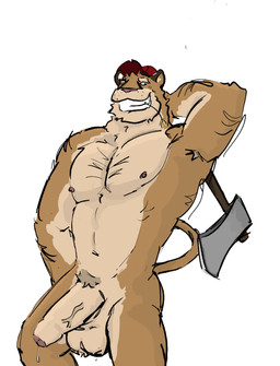 anthro armpit_hair axe ball_tuft balls big_balls big_penis bodily_fluids body_hair chest_hair clothing dripping foreskin genital_fluids genitals hair hairy hat hat_only headgear headgear_only headwear headwear_only humanoid_genitalia humanoid_penis leaking_precum male mature_male mostly_nude muscular muscular_male nipples pecs penis precum precum_drip precum_string saggy_balls smile solo tuft vein veiny_penis dickinoatmeal felid mammal pantherine tiger absurd_res hi_res