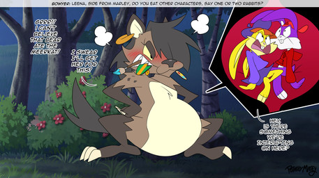 after_vore anthro belly blush brown_body brown_fur claws clothing female female_pred fur group male night outside overweight purple_body purple_fur red_clothing red_shirt red_topwear shirt text topwear trio vore yellow_body yellow_fur potateymatey leena_(potateymatey) hyena lagomorph leporid mammal rabbit 2025 english_text hi_res