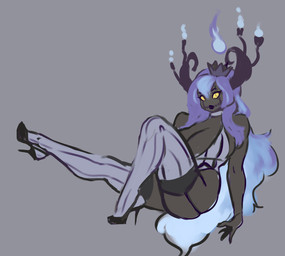 alternate_species big_breasts black_body breasts cleavage clothed clothing crown female fire footwear grey_background hair headgear high_heels humanoidized legwear lips pokemorph purple_hair shoes simple_background solo stockings thigh_highs liveforthefunk nintendo pokemon chandelure generation_5_pokemon ghost humanoid pokemon_(species) spirit hi_res